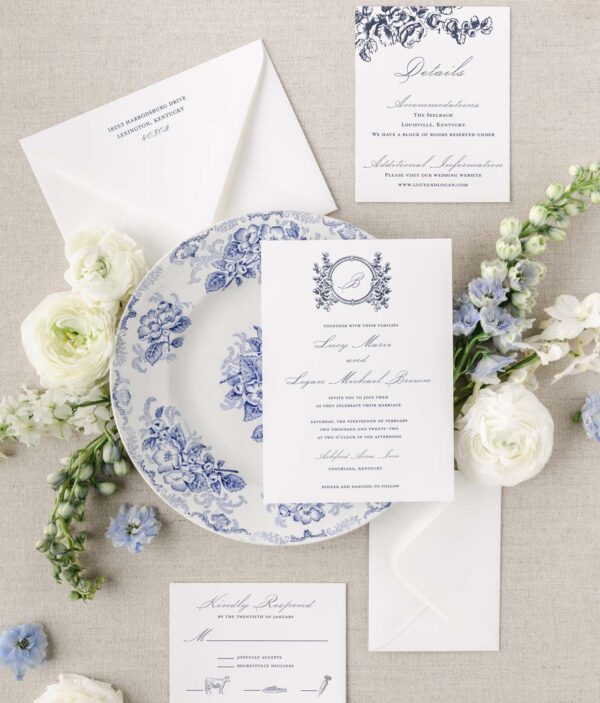 Round Floral Crest Semi-Custom Wedding Invitation Suite