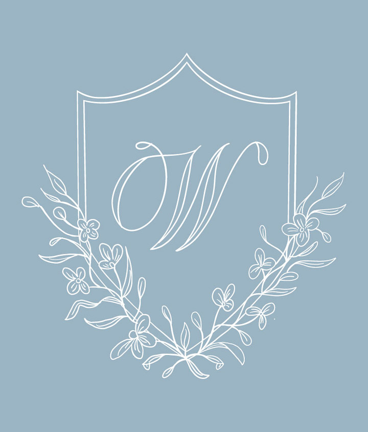 FLORAL CREST LINE DRAWING (includes monogram)