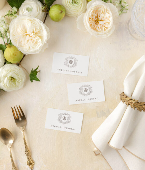 FLORAL CREST WITH MONOGRAM PLACE CARDS